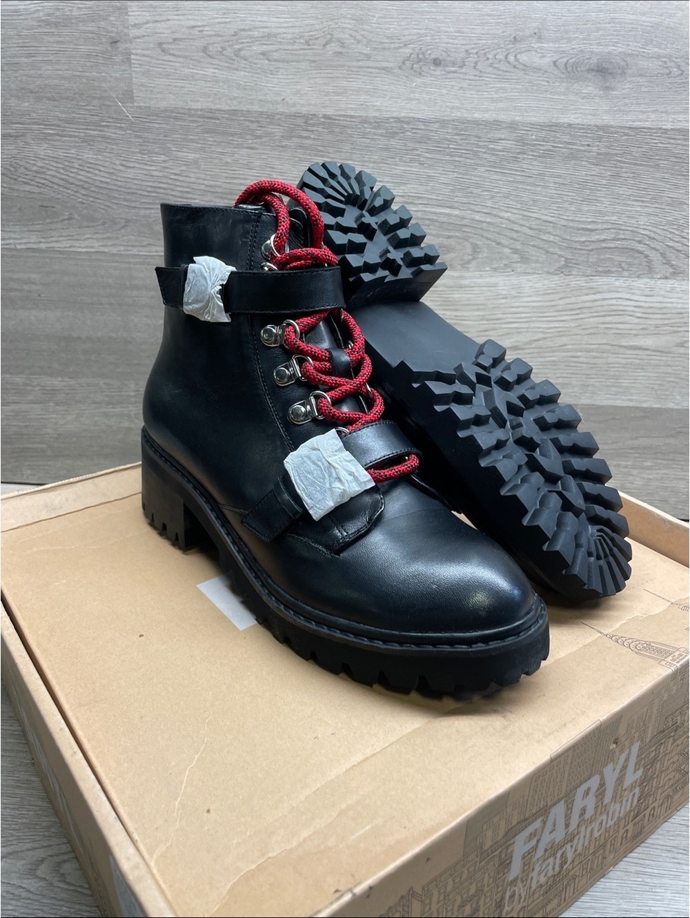 Farylrobin Black Leather Lace-Up Lug Boots with Red Rope Laces #205